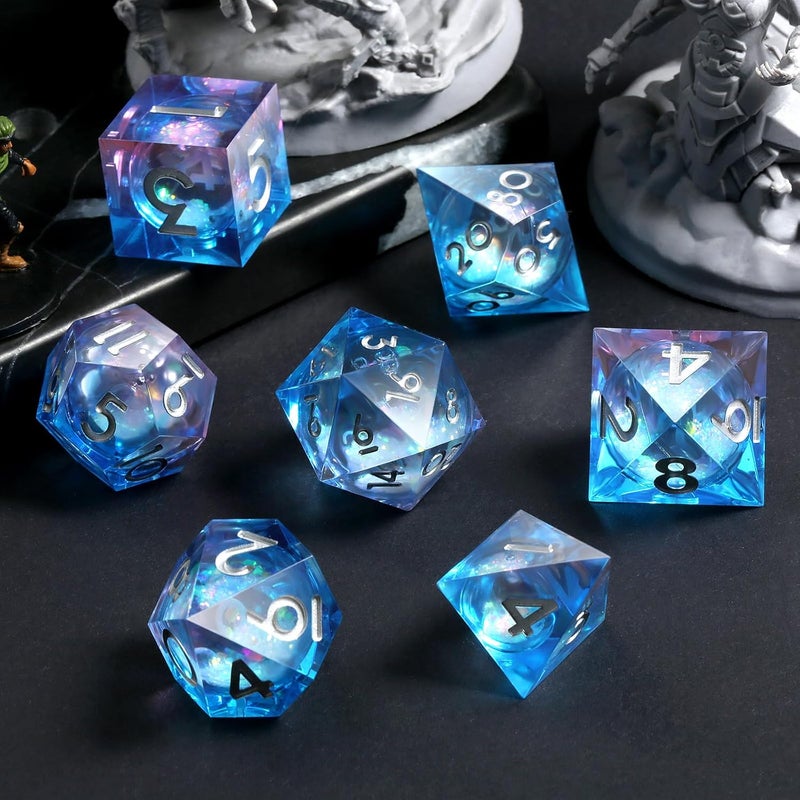 DNDND Resin Sharp Dice, 7PCS Glitter Liquid Resin DND Dice Set with Gift Case for Dungeons and Dragons Tabletop Game (Liquid Blue and Pink) - Image 4